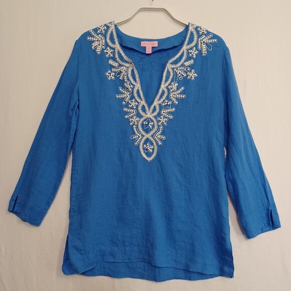 Lilly Pulitzer 100% Linen Beaded Tunic - Picture 1 of 10